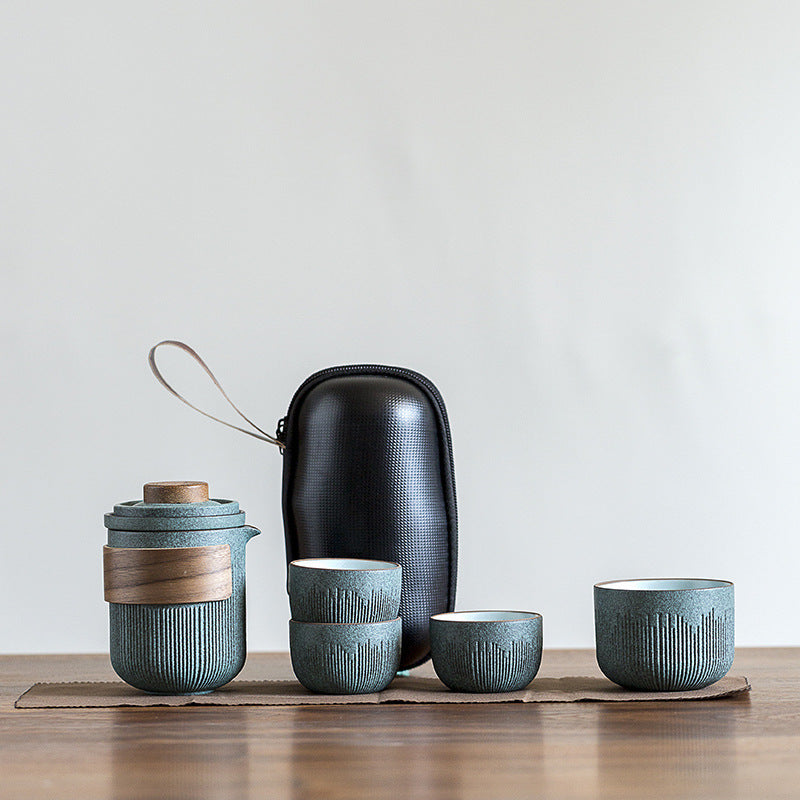 Bluestone Glaze Striped Quick Guest Cup One Pot Two Cups Four Cups Ceramic Travel Portable Tea Set Outdoor