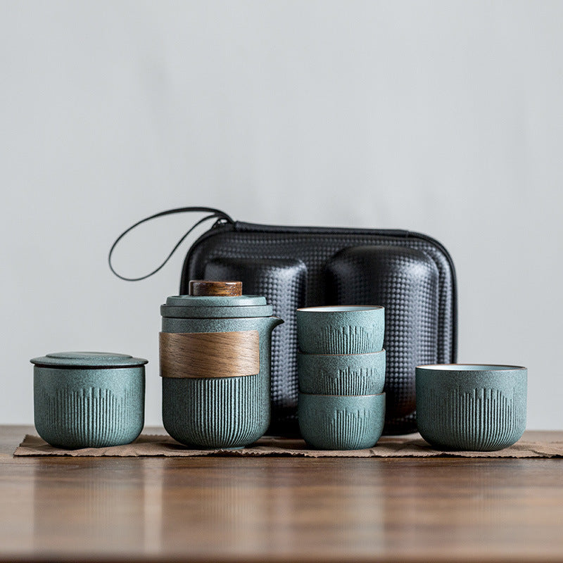 Bluestone Glaze Striped Quick Guest Cup One Pot Two Cups Four Cups Ceramic Travel Portable Tea Set Outdoor