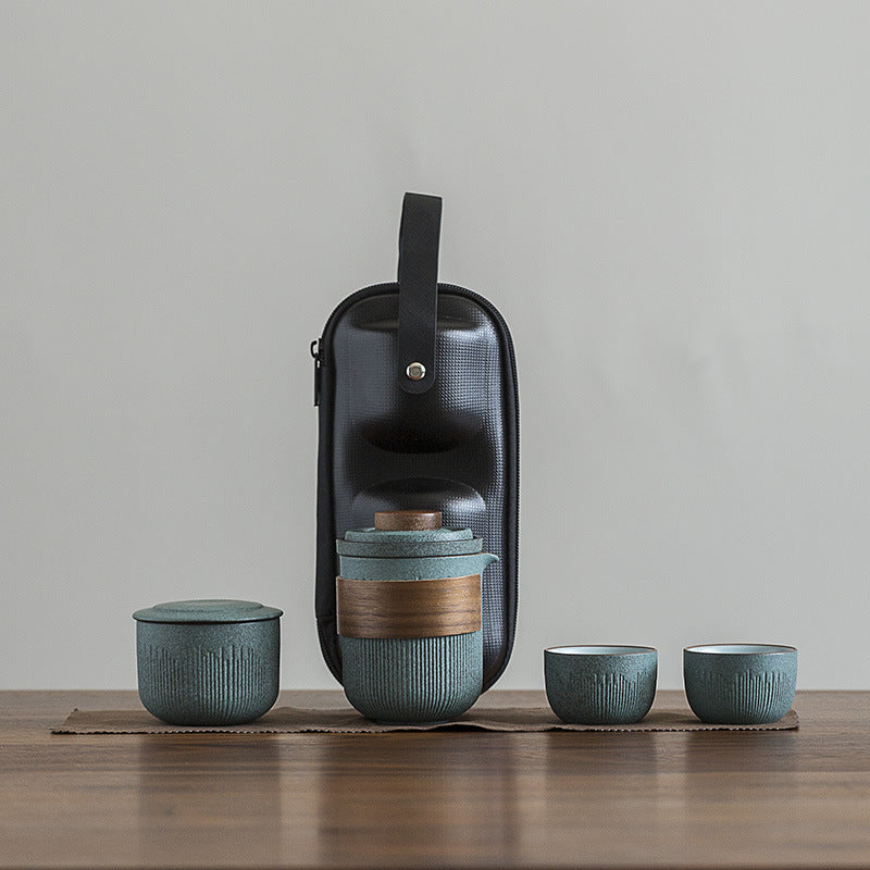 Bluestone Glaze Striped Quick Guest Cup One Pot Two Cups Four Cups Ceramic Travel Portable Tea Set Outdoor
