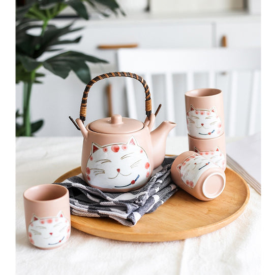 Creative Hand-painted Lucky Cat Ceramic Tea Set One Pot Four Cup Gift Set Home  Black Two