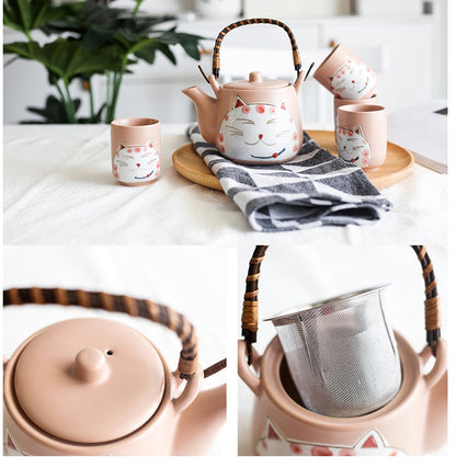 Creative Hand-painted Lucky Cat Ceramic Tea Set One Pot Four Cup Gift Set Home  Black Two