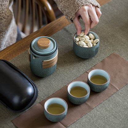 Bluestone Glaze Striped Quick Guest Cup One Pot Two Cups Four Cups Ceramic Travel Portable Tea Set Outdoor