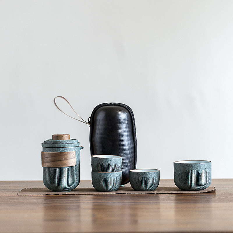 Bluestone Glaze Striped Quick Guest Cup One Pot Two Cups Four Cups Ceramic Travel Portable Tea Set Outdoor