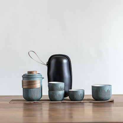 Bluestone Glaze Striped Quick Guest Cup One Pot Two Cups Four Cups Ceramic Travel Portable Tea Set Outdoor