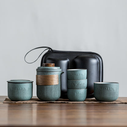 Bluestone Glaze Striped Quick Guest Cup One Pot Two Cups Four Cups Ceramic Travel Portable Tea Set Outdoor