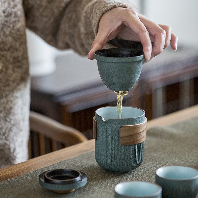 Bluestone Glaze Striped Quick Guest Cup One Pot Two Cups Four Cups Ceramic Travel Portable Tea Set Outdoor