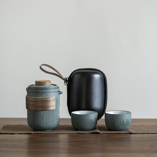 Bluestone Glaze Striped Quick Guest Cup One Pot Two Cups Four Cups Ceramic Travel Portable Tea Set Outdoor