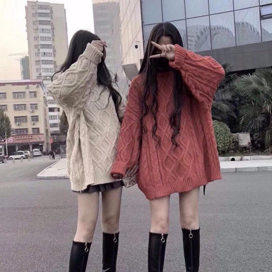 Lazy Style Sweater Women Loose Twist Mid-length Sweater