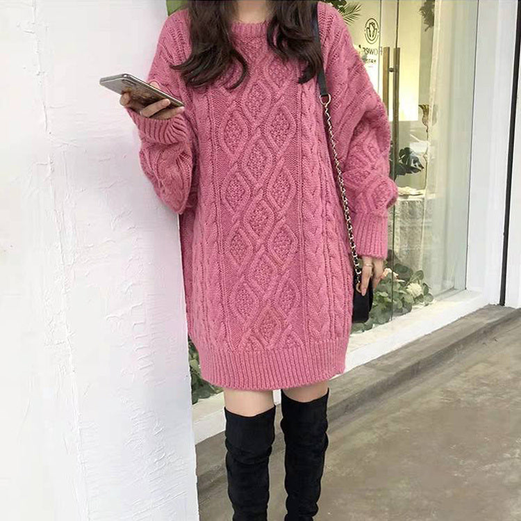 Lazy Style Sweater Women Loose Twist Mid-length Sweater
