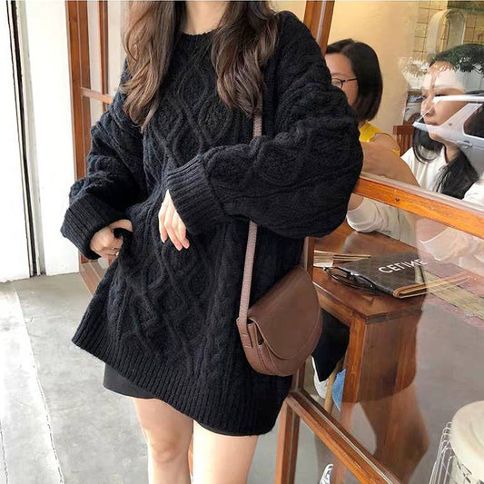 Lazy Style Sweater Women Loose Twist Mid-length Sweater