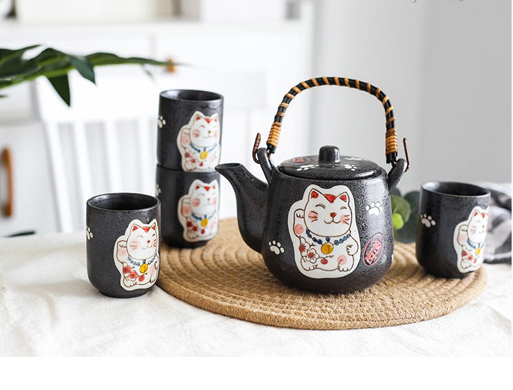 Creative Hand-painted Lucky Cat Ceramic Tea Set One Pot Four Cup Gift Set Home  Black Two