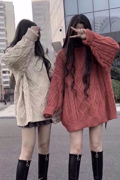 Lazy Style Sweater Women Loose Twist Mid-length Sweater