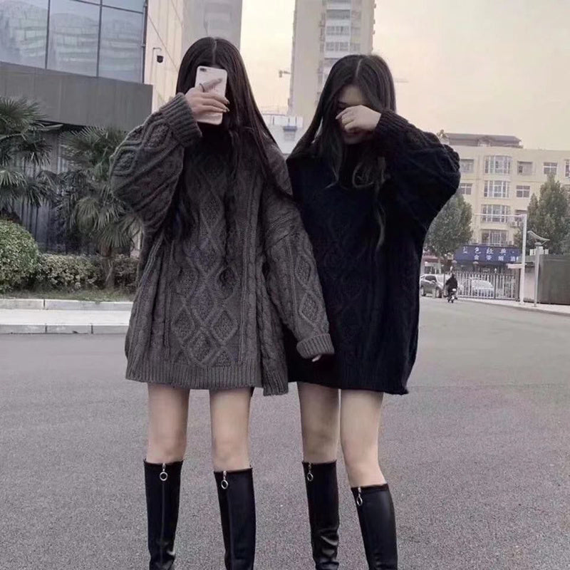 Lazy Style Sweater Women Loose Twist Mid-length Sweater