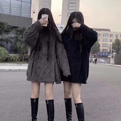 Lazy Style Sweater Women Loose Twist Mid-length Sweater