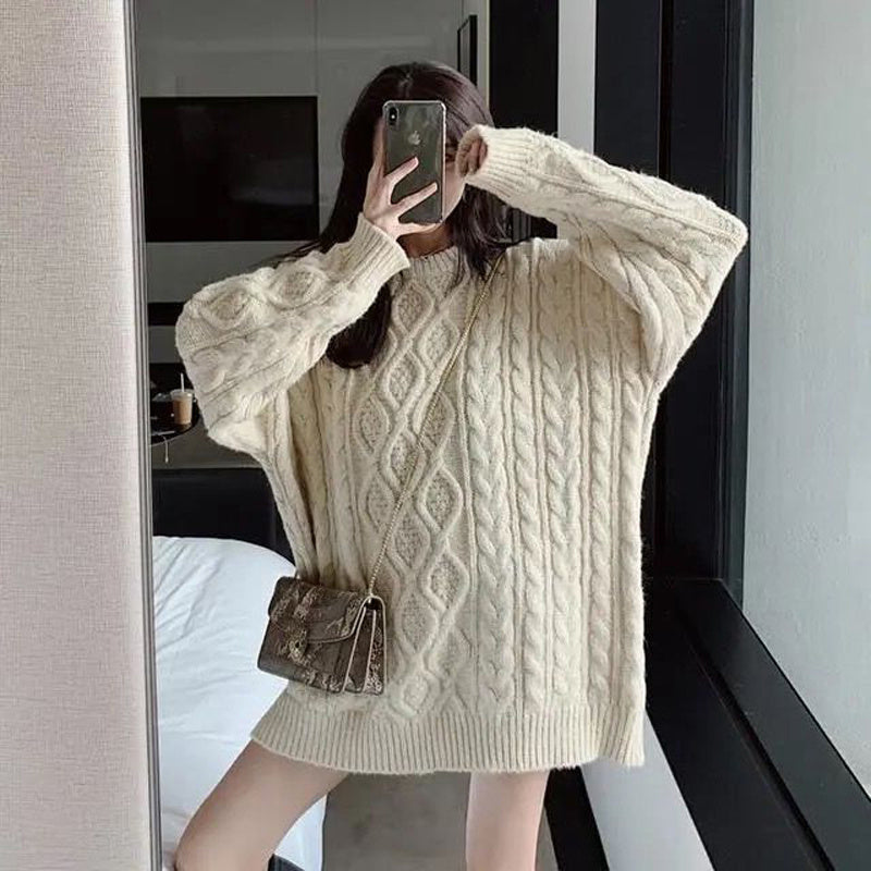 Lazy Style Sweater Women Loose Twist Mid-length Sweater