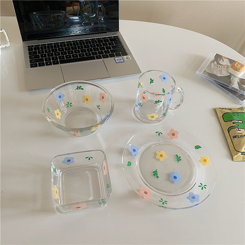 Little Flower Cutlery Set Glass Cup Glass Bowl Glass Plate Feng Shui Cup Cute Cup